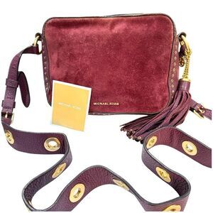 MICHAEL KORS Brooklyn Suede Leather Burgundy Grommet Crossbody Luxury Bag Purse
